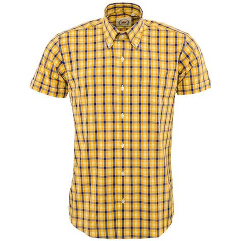 Relco Button Down Check Short Sleeve Shirt Mustard And Blue Thumbnail 1