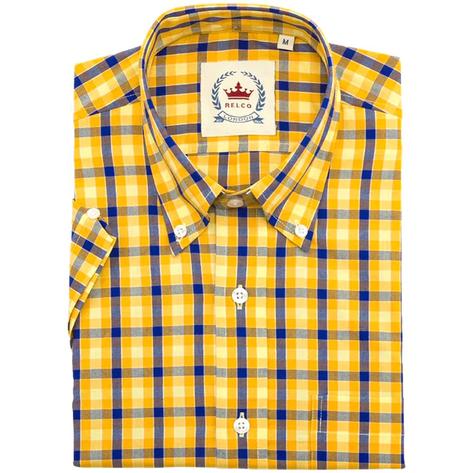 Relco Button Down Check Short Sleeve Shirt Mustard And Blue Thumbnail 2