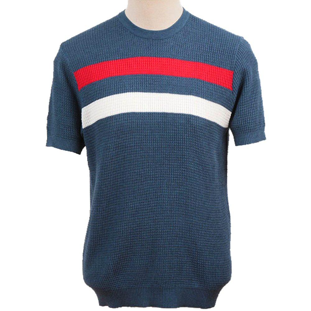 Art Gallery Mens Retro Waffle Knit Stripe Crew Neck Blue