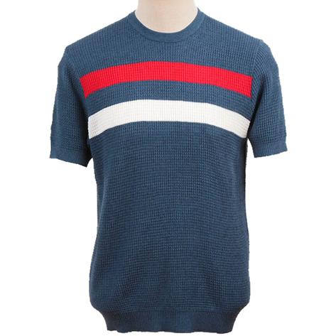 Art Gallery Mens Retro Waffle Knit Stripe Crew Neck Blue