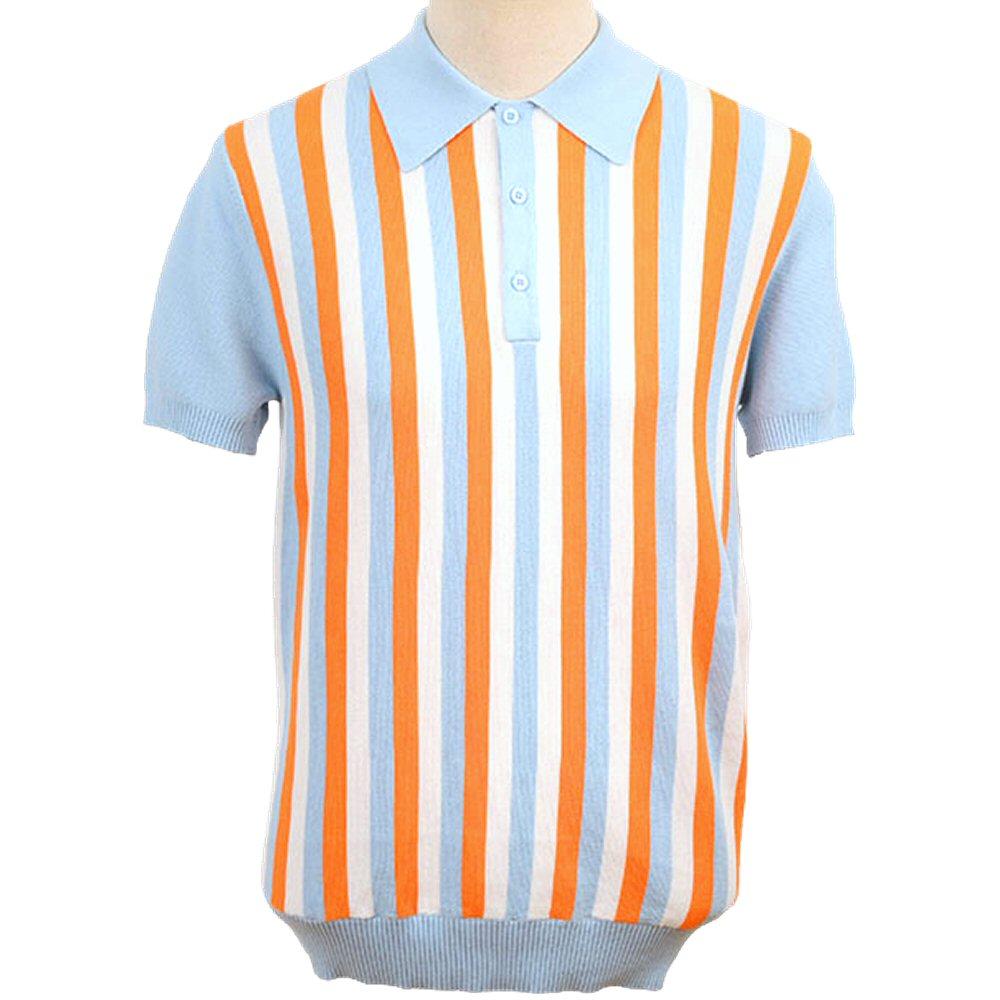 Art Gallery Fine Gauge Knit Multi Stripe Polo Shirt Sky