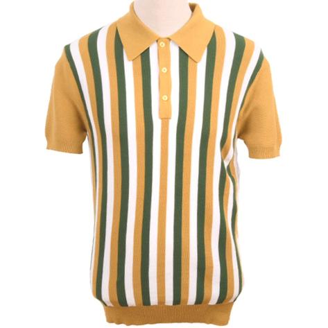 Art Gallery Fine Gauge Knit Multi Stripe Polo Shirt Mustard Thumbnail 1