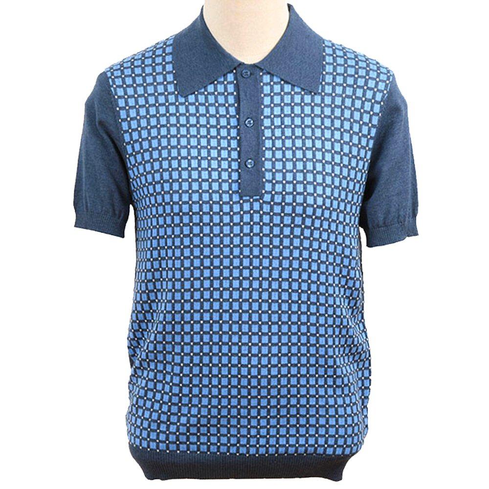 Art Gallery Fine Gauge Check Knit Polo Shirt Mid Blue