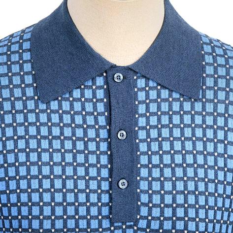 Art Gallery Fine Gauge Check Knit Polo Shirt Mid Blue Thumbnail 2