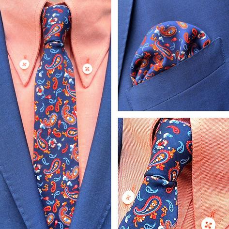 Knightsbridge Retro Mod 60's Matching Paisley Silk Slim Tie and Pocket Square Na