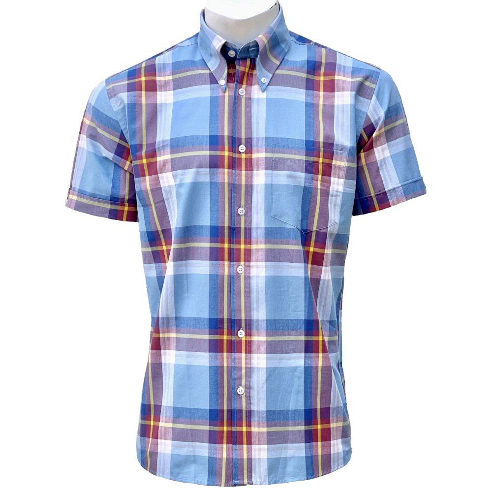 Adaptor Clothing Windowpane Short Sleeve Check Shirt Sky Blue