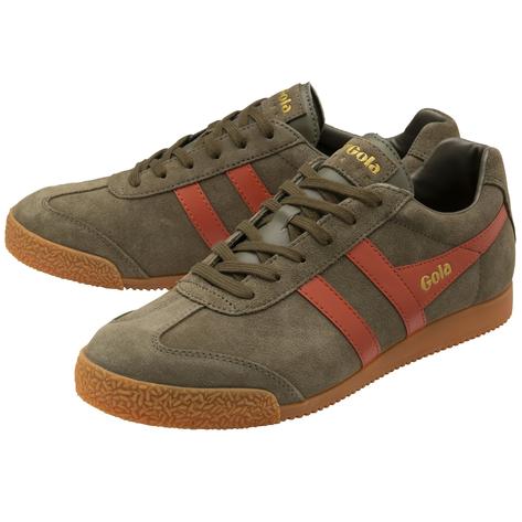 Gola Harrier Classic Twin Stripe Suede Trainer Khaki / Orange Spice Thumbnail 3