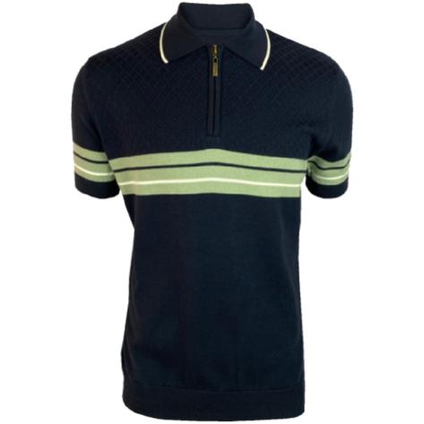 Trojan Records Chest Stripe Knit Zip Neck Polo Navy Thumbnail 1