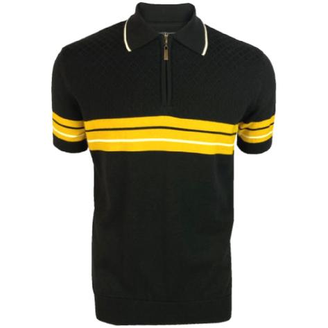 Trojan Records Chest Stripe Knit Zip Neck Polo Black Thumbnail 1