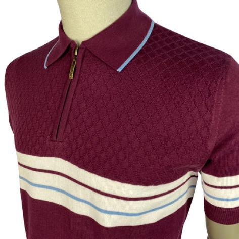 Trojan Records Chest Stripe Knit Zip Neck Polo Port Thumbnail 2