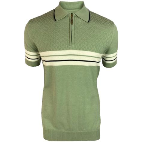 Trojan Records Chest Stripe Knit Zip Neck Polo Sage Thumbnail 1