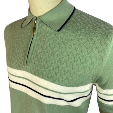 Trojan Records Chest Stripe Knit Zip Neck Polo Sage Thumbnail 2