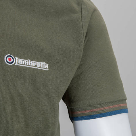 Lambretta Target Logo 3 Button Twin-Tipped Pique Polo Shirt Olive Green / Tan / Thumbnail 3