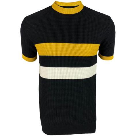 Ska & Soul Stripe Crew Neck Waffle Knit Top Black