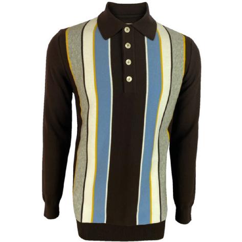 Ska & Soul Texture Stripe Knit Long Sleeve Polo Chocolate