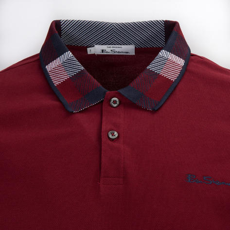 Ben Sherman Check Collar Pique Polo Shirt Deep Red Thumbnail 2