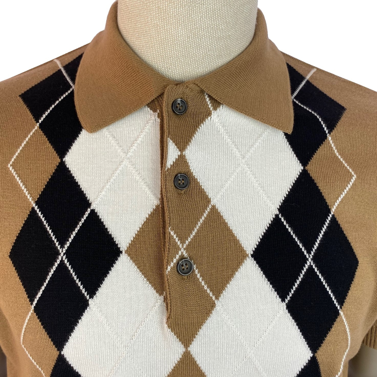 Trojan Records Argyle Diamond Fine Gauge Knit Polo Camel Adaptor Clothing