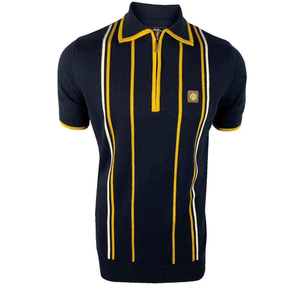 Trojan Records Stripe Knit Taped Zip Neck Polo Navy