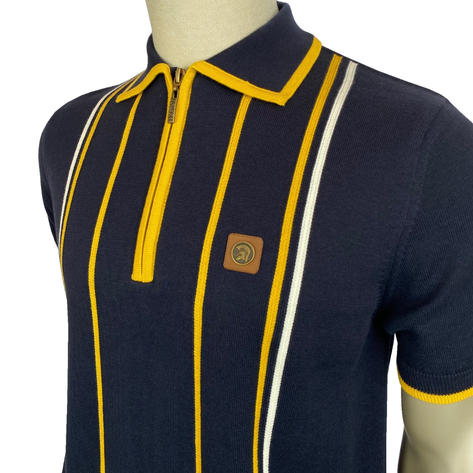 Trojan Records Stripe Knit Taped Zip Neck Polo Navy Thumbnail 2