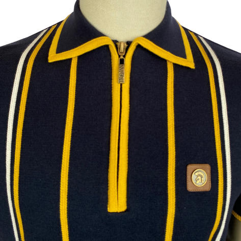 Trojan Records Stripe Knit Taped Zip Neck Polo Navy Thumbnail 3