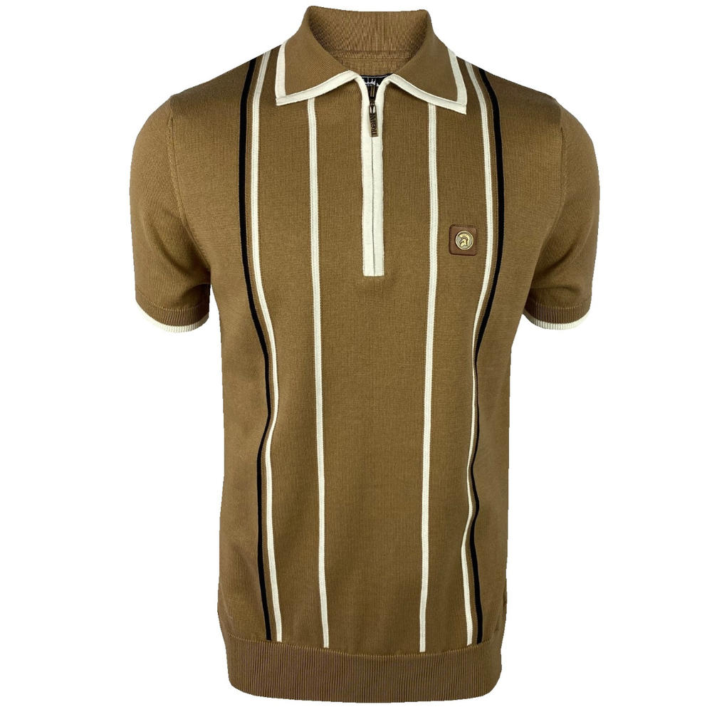 Trojan Records Stripe Knit Taped Zip Neck Polo Camel