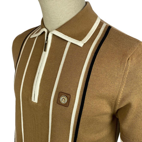 Trojan Records Stripe Knit Taped Zip Neck Polo Camel Thumbnail 2