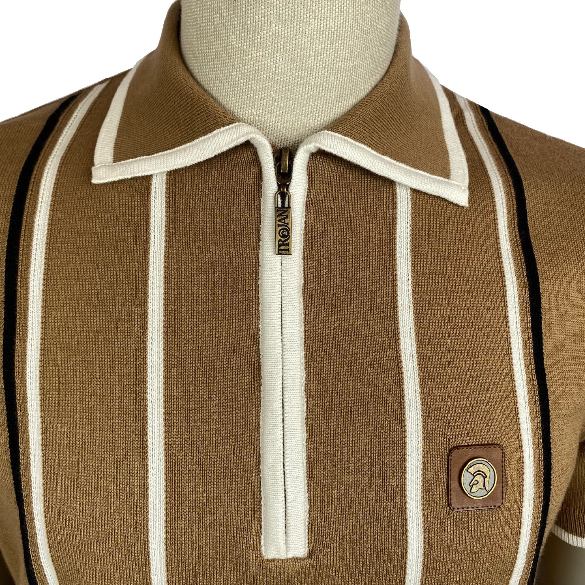 Trojan Records Stripe Knit Taped Zip Neck Polo Camel | Adaptor Clothing