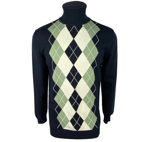 Trojan Records Diamond Argyle Knit Roll Neck Navy Thumbnail 1