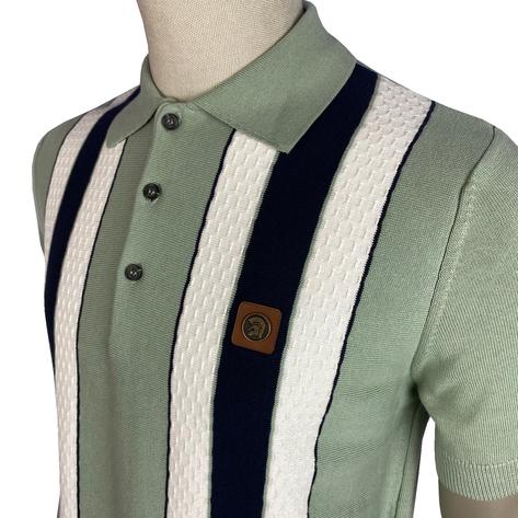 Trojan Records Texture Block Stripe Fine Knit Polo Sage Thumbnail 2