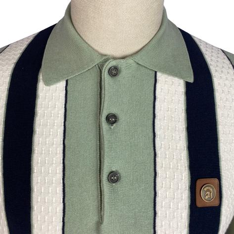 Trojan Records Texture Block Stripe Fine Knit Polo Sage Thumbnail 3