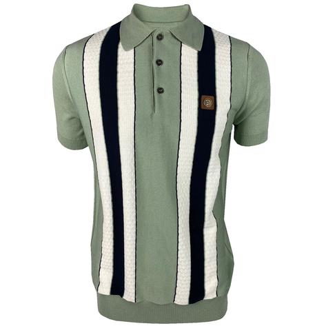 Trojan Records Texture Block Stripe Fine Knit Polo Sage