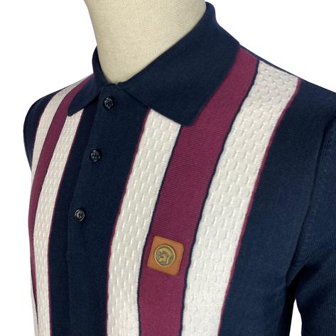 Trojan Records Texture Block Stripe Fine Knit Polo Navy Thumbnail 2