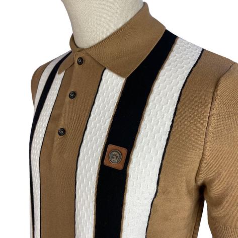 Trojan Records Texture Block Stripe Fine Knit Polo Camel Thumbnail 2