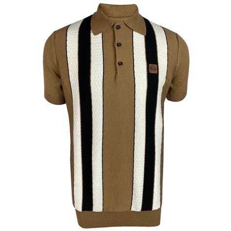 Trojan Records Texture Block Stripe Fine Knit Polo Camel Thumbnail 1