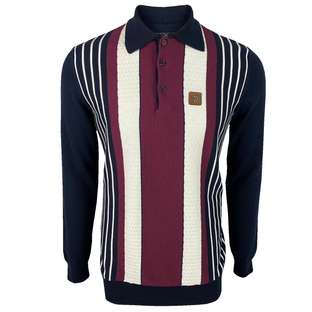 Trojan Records Long Sleeve Block Stripe Fine Knit Polo Navy