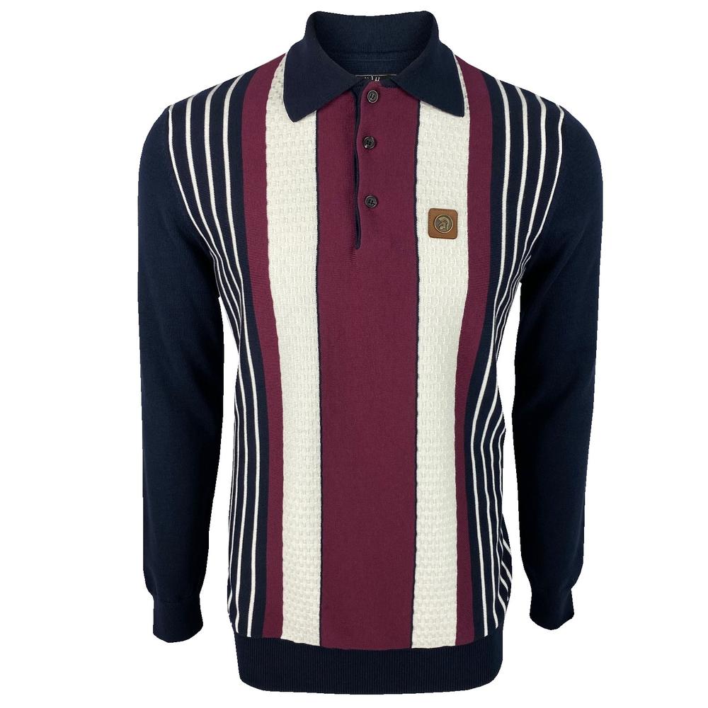 Trojan Records Long Sleeve Block Stripe Fine Knit Polo Navy