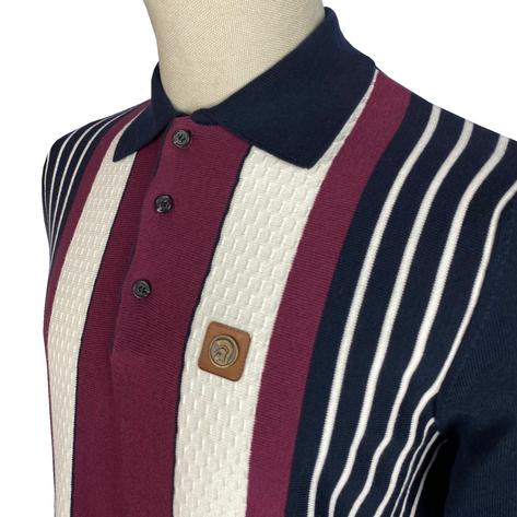 Trojan Records Long Sleeve Block Stripe Fine Knit Polo Navy Thumbnail 2