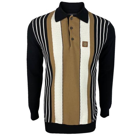 Trojan Records Long Sleeve Block Stripe Fine Knit Polo Black Thumbnail 1