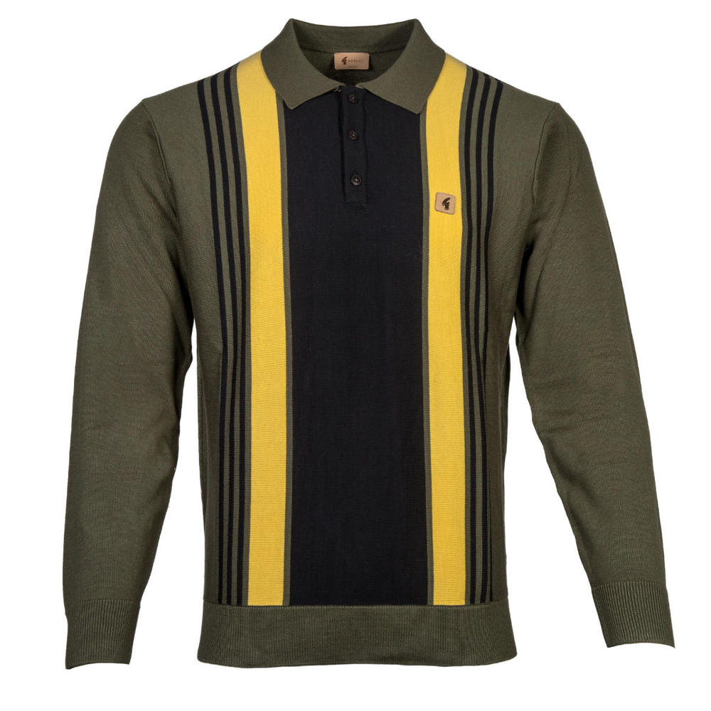 Gabicci Vintage Multi Stripe 3 Button Polo Olive Green