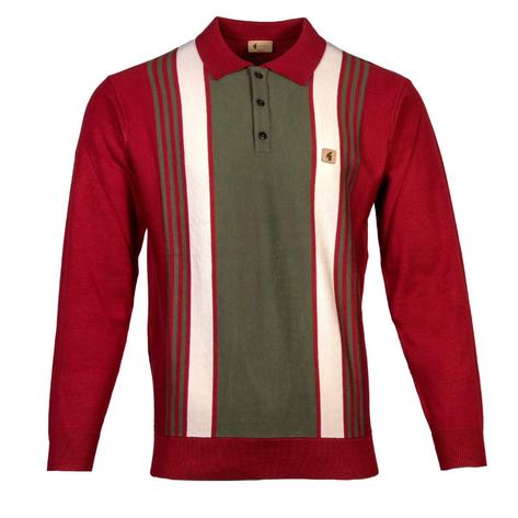 Gabicci Vintage Multi Stripe 3 Button Polo Deep Red