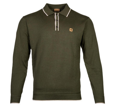 Gabicci Long Sleeve Contrast Tipped Plain Fine Gauge Knit Polo Olive