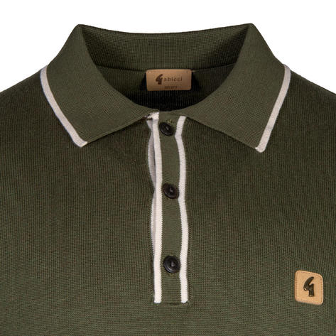 Gabicci Long Sleeve Contrast Tipped Plain Fine Gauge Knit Polo Olive Thumbnail 2