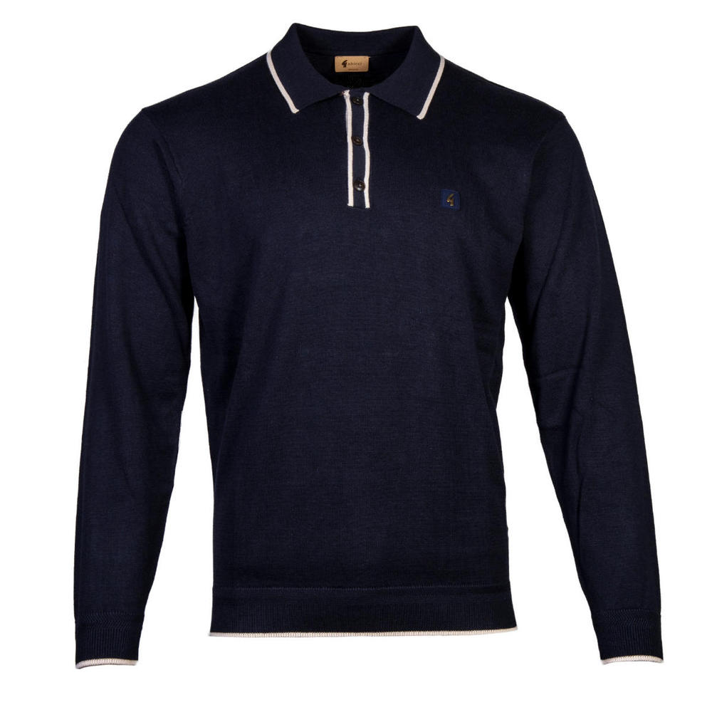 Gabicci Long Sleeve Contrast Tipped Plain Fine Gauge Knit Polo Navy