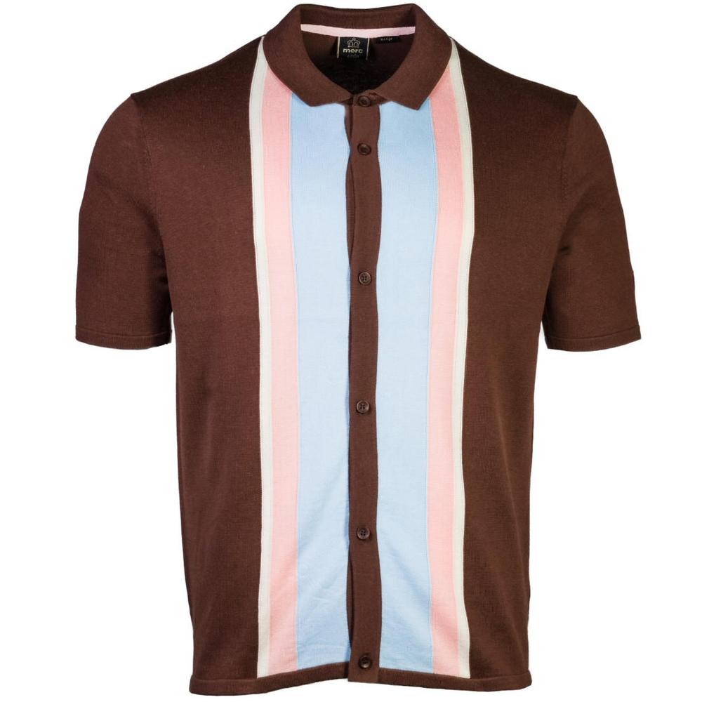 Merc London Button Thru Stripe Polo Shirt Brown
