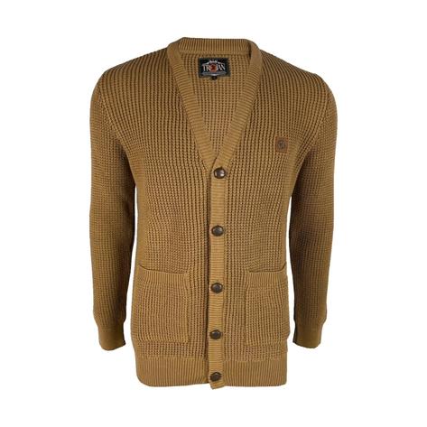 Trojan Records Waffle Knit Football Buttons Cardigan Camel