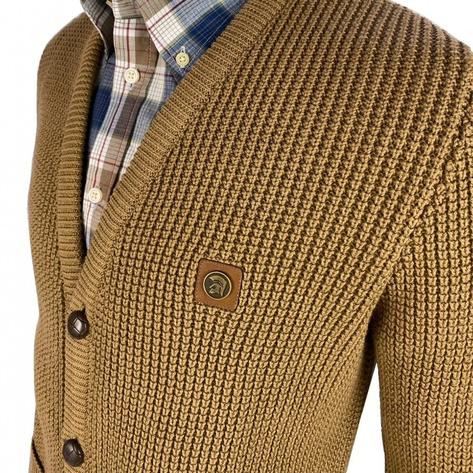 Trojan Records Waffle Knit Football Buttons Cardigan Camel Thumbnail 3