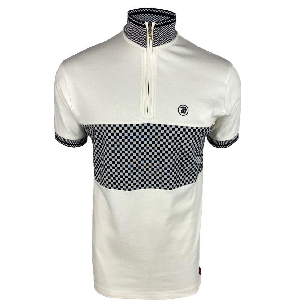 Trojan Records Funnel Zip Neck Checkerboard Top Ecru