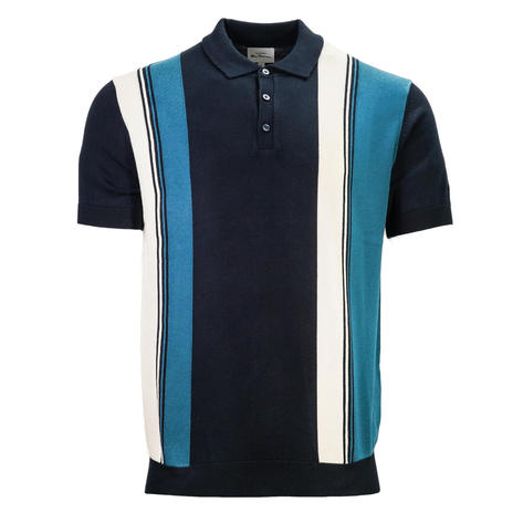 Ben Sherman Block Stripe Knit Polo Navy Teal and White Thumbnail 1