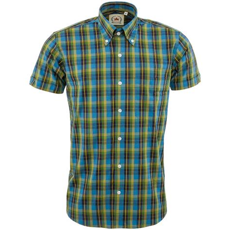 Relco Button Down Check Short Sleeve Shirt Teal and Yellow Thumbnail 1