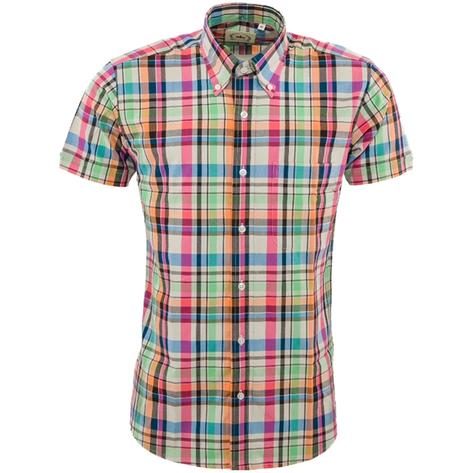 Relco Button Down Check Short Sleeve Shirt Pink and Green Thumbnail 1